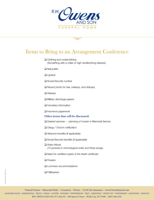 Items to Bring to an Arrangement